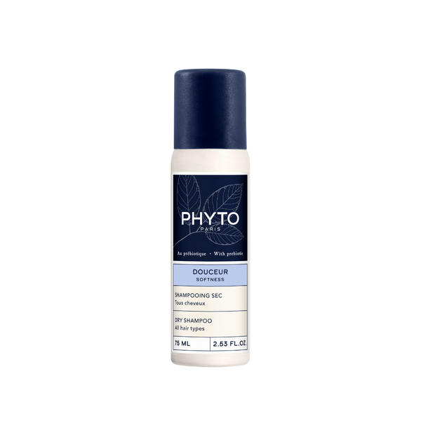 PHYTO SOFTNESS Dry Shampoo 75ml bottle with a dark blue cap and label, featuring leaf illustrations on a white background