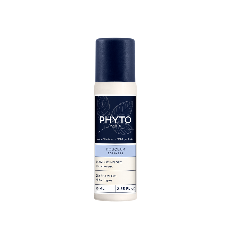PHYTO SOFTNESS Dry Shampoo 75ml bottle with a dark blue cap and label, featuring leaf illustrations on a white background