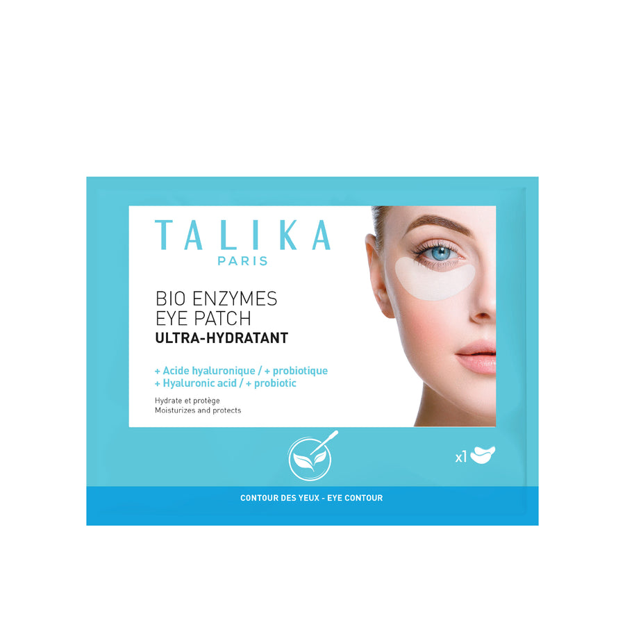 Talika Bio Enzymes Ultra-Hydrating Eye Patch Solo front view showing the product packaging with a model wearing an eye patch