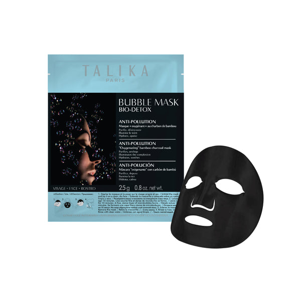 Talika Bubble Mask Bio-Detox anti-pollution oxygenating bamboo charcoal mask with a black sheet mask on a white background