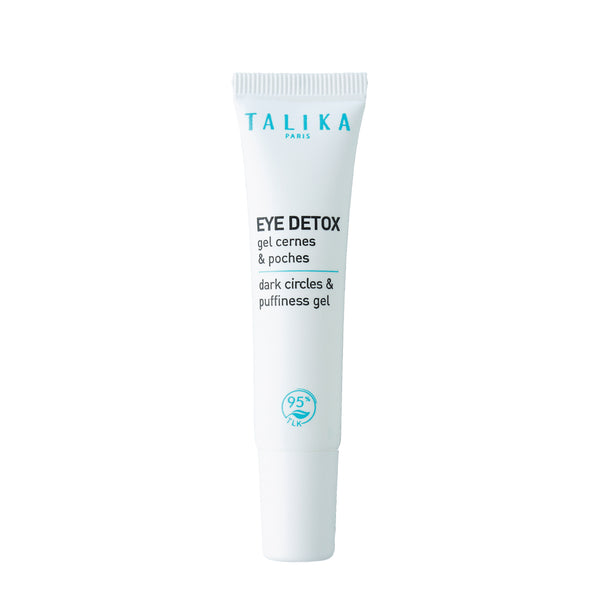Talika Eye Detox Contour Gel in a white tube with blue lettering, front view on a white background