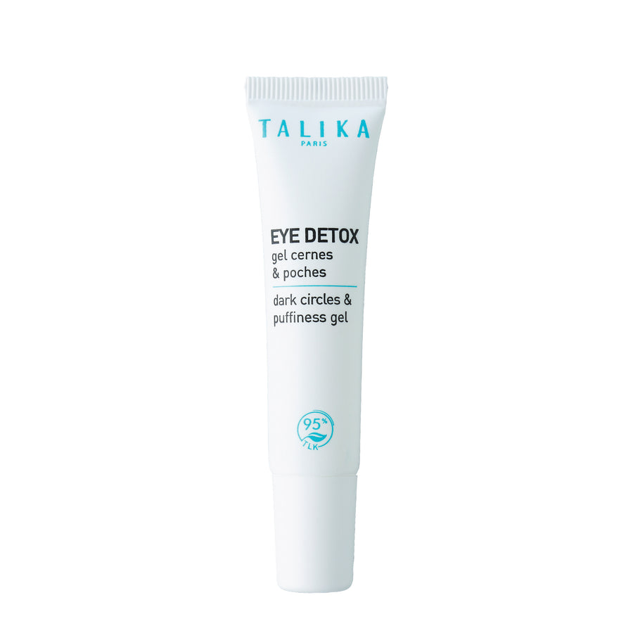 Talika Eye Detox Contour Gel in a white tube with blue lettering, front view on a white background