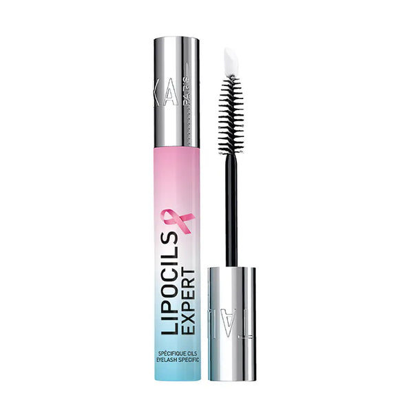 Talika Lipocils Expert Pink eyelash serum with a pink ribbon for breast cancer awareness, shown on a white background