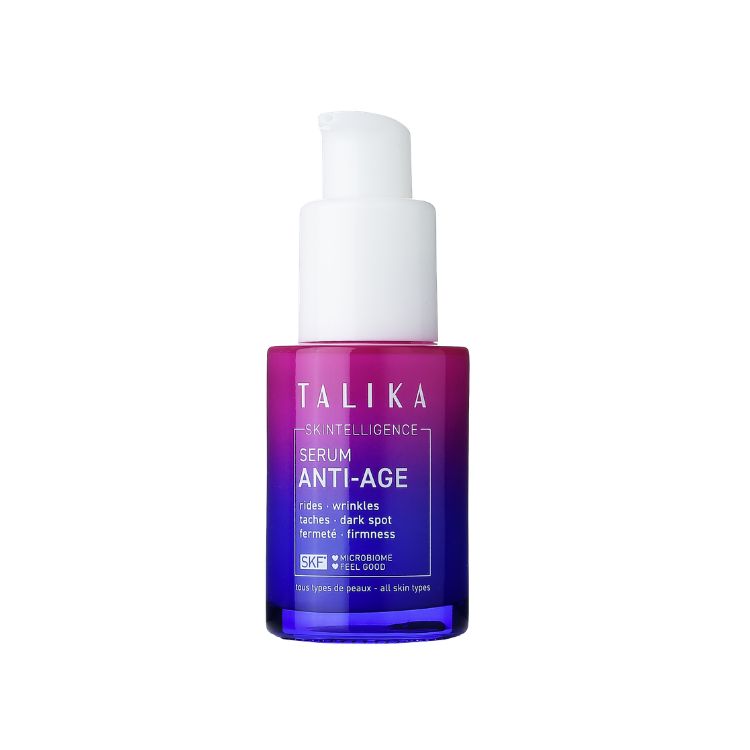Talika Skintelligence Anti-Age Serum in a purple and blue bottle with a white pump, front view on a white background